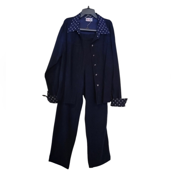 R&K Originals navy blue and Polka Dots 2 Piece Casual Pants Suit Size 14 - Picture 1 of 10